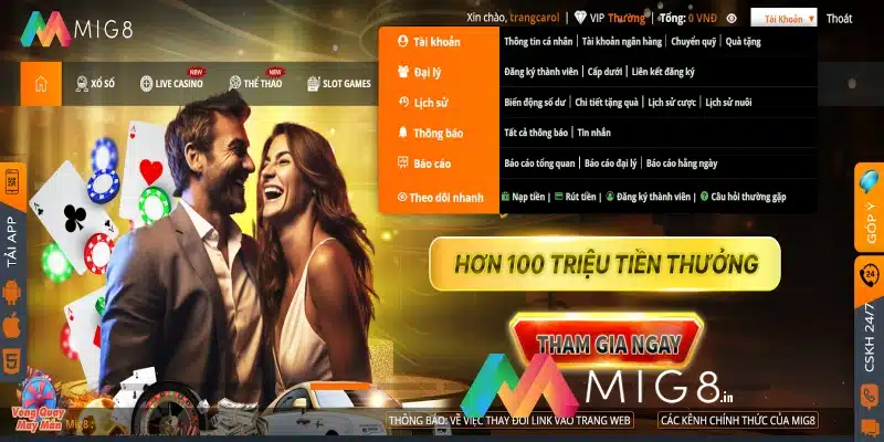 Chọn mục đại lý ngay trong mục tài khoản